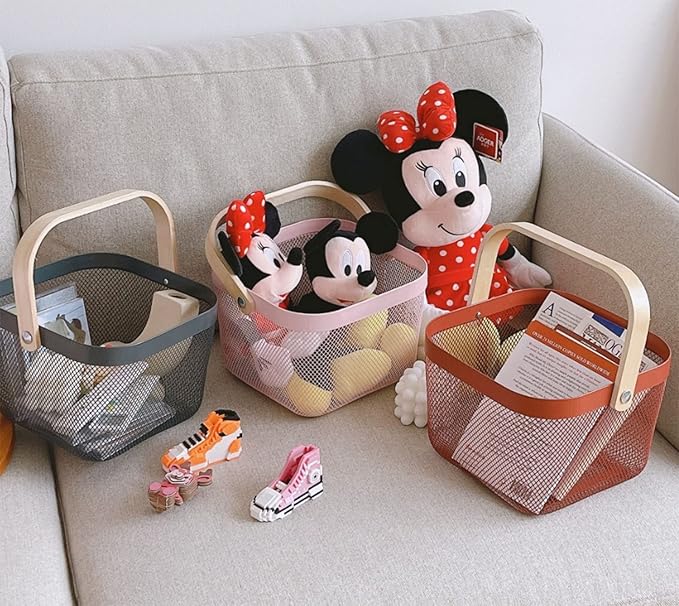 Metal Mesh Steel Basket, Storage Organizer Basket Multi-functional Hanging Kitchen Baskets Fruit Basket Bin with Bamboo Handle for Kitchen Bathroom Picnic Shopping Decor Cabinet Home, Red-VerdiqueGarden