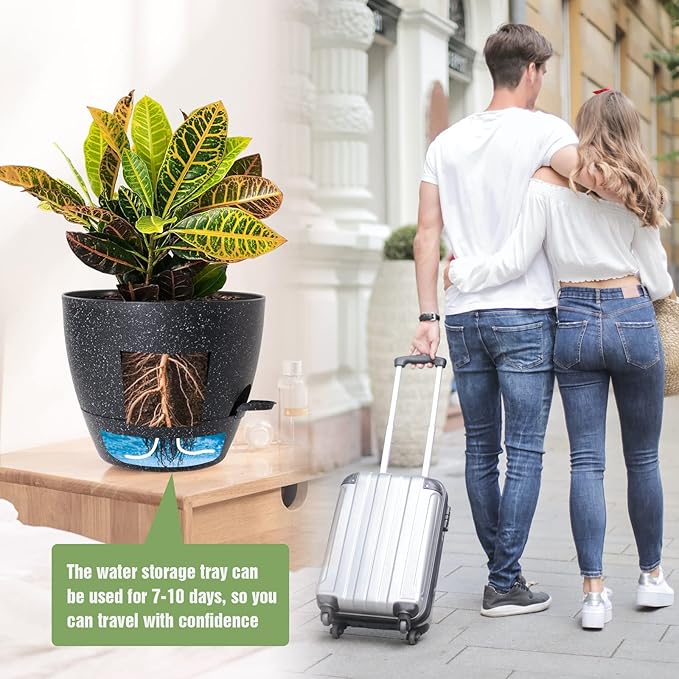 10/9/8 inch Self Watering Pots, Set of 3 Plastic Planters with Mesh Drainage Holes and Deep Reservoir for Indoor Outdoor Garden Plants and Flowers, Black Speckles-VerdiqueGarden