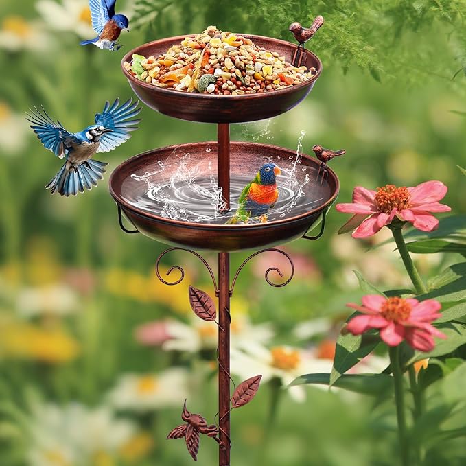 Metal Bird Bath for Outside, 2-in-1 Birdfeeder and Bath, 42 Inch Tall Stand with Hummingbird, Large 12Inch & Small 7.9Inch Bird Bath Bowl, 3 Bird Decor for Garden, Antique Bronze-VerdiqueGarden