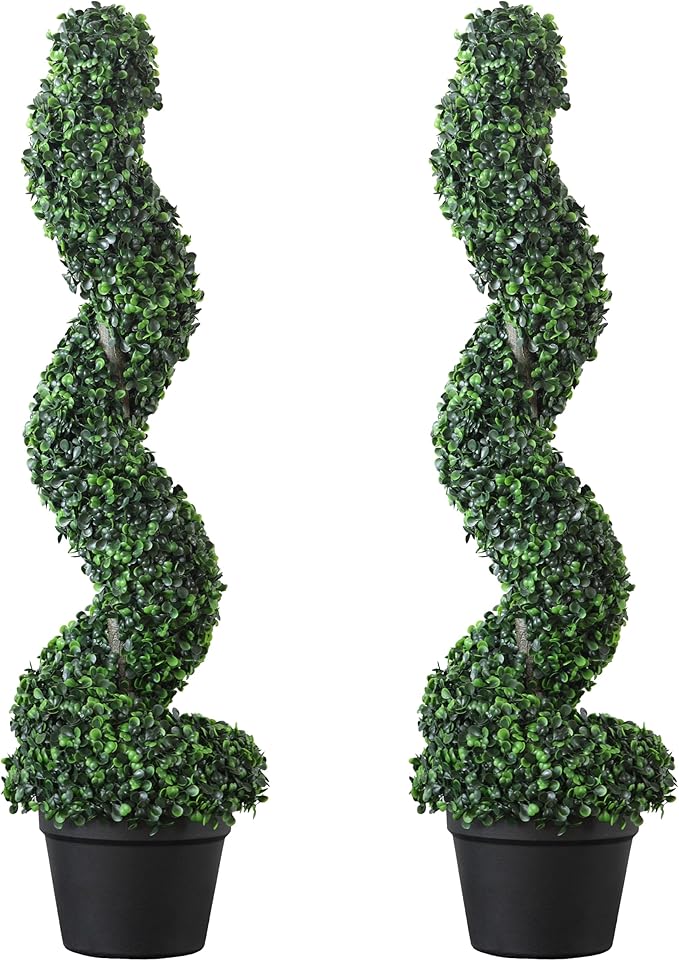 39 inchBoxwood Artificial Cedar Spiral Topiary Trees – Decorative Fake Greenery in Planter Pots for Front Porch, Outdoor Walkway, Entryway Decorating, Set of 2-VerdiqueGarden