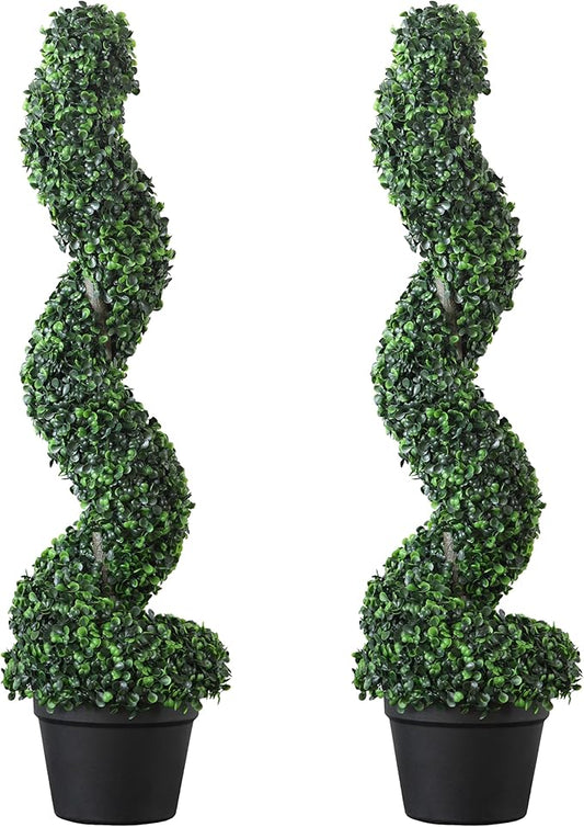 39 inchBoxwood Artificial Cedar Spiral Topiary Trees – Decorative Fake Greenery in Planter Pots for Front Porch, Outdoor Walkway, Entryway Decorating, Set of 2-VerdiqueGarden
