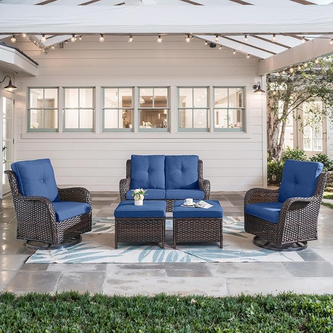 5 Piece Outdoor Patio Furniture Set - Wicker Furniture Patio Conversation Set, Outdoor Swivel Rocker Chairs with Loveseat Sofa and 2 Ottomans for Small Space, Brown Wicker Blue Cushion-VerdiqueGarden