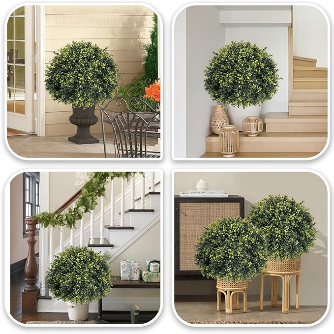 ICX 2 Pack 24" Artificial Boxwood Topiary Ball Trees with Ground Spike,Artificial Plants Outdoor,Fake Bushes & Shrubs for Porch, Garden, Front Porch Decor - Indoor/Outdoor Faux Plants-VerdiqueGarden