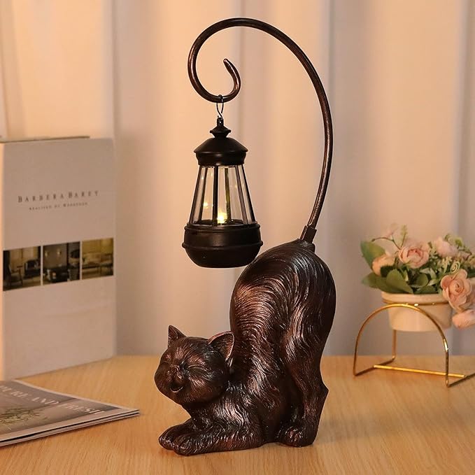 Laughing Cat Figurine with Solar-Powered LED Light, 15.7 Inches Tall Antique Bronze, Perfect for Gift Garden Decor or Housewarming for Cat Lovers.-VerdiqueGarden