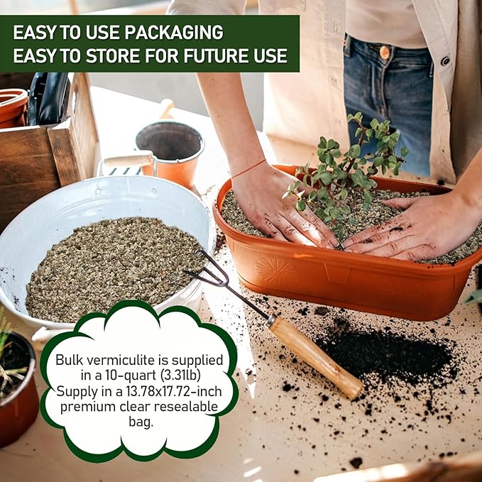 10QT Horticultural Vermiculite Bulk, Organic Vermiculite for Plants, Course Grade Vermiculite for Gardening, for houseplants, for Mushrooms, to Maintain Soil Moisture and Plant Growth(5-8mm)-VerdiqueGarden