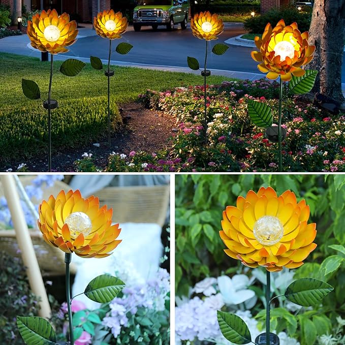 VCUTEKA Solar Garden Lights Metal Flower Decor Colorful Yellow Flowers Solar Pathway Light with LED Cracked Crystal Ball Outdoor Decorative Stake for Patio Yard Lawn-VerdiqueGarden