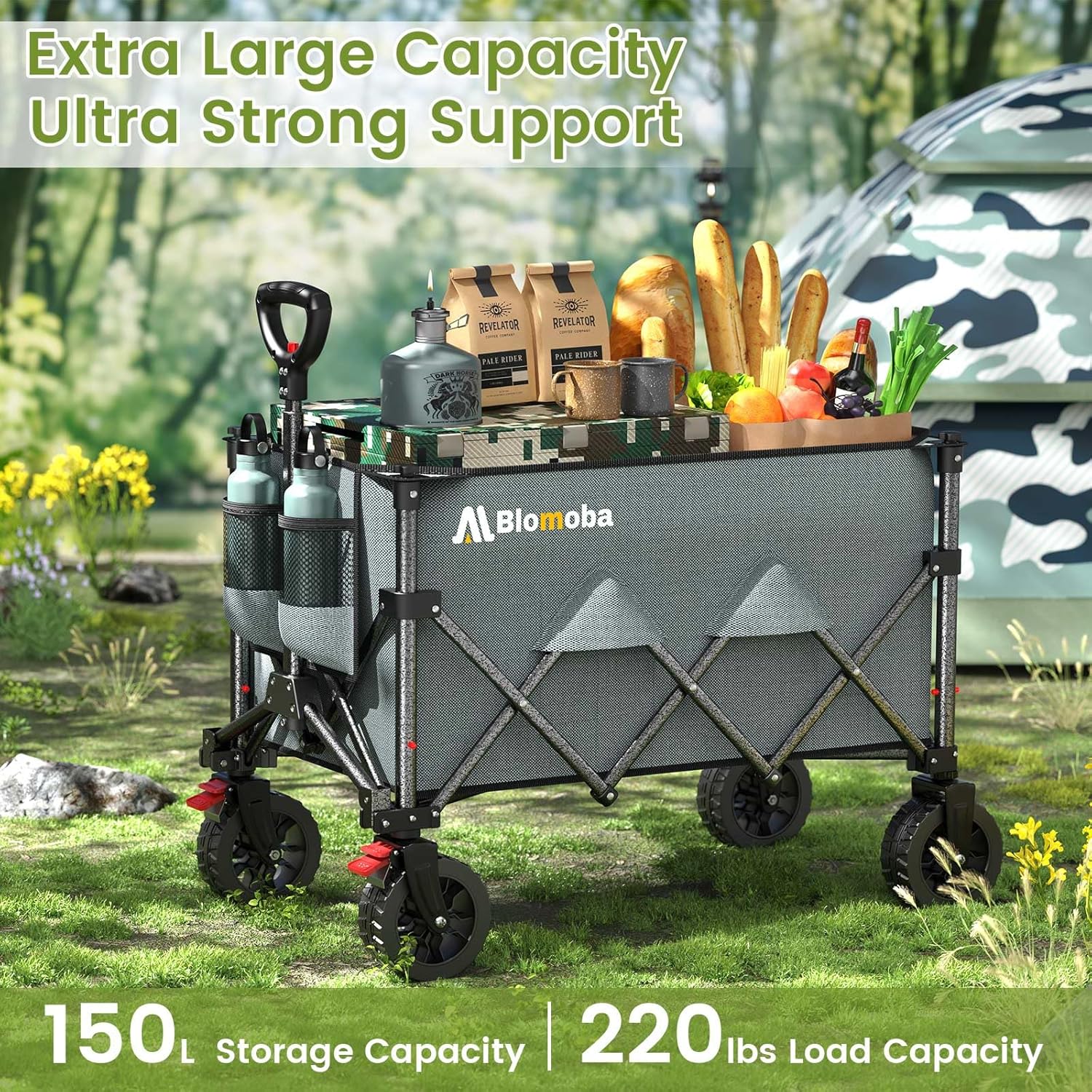 Collapsible Wagon Cart, 150L Heavy Duty Foldable Beach Wagon with Wider Wheels & Auto-Rebound Handle, Utility Grocery Shopping Cart for Garden, Shopping, Camping, Sports, Gray-VerdiqueGarden