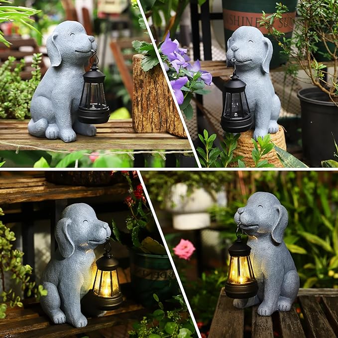 Solar Dog Statues for Garden Decorations Solar Garden Statues for Patio, Balcony, Yard Ornament Unique Housewarming Gifts Figurine Lights, Gray-VerdiqueGarden