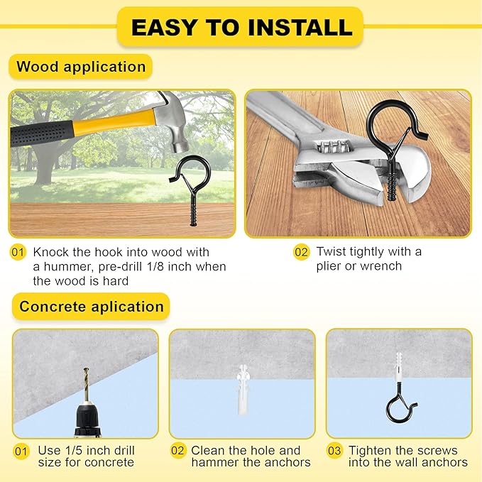 Hooks for Outdoor String Lights, 20 Pack Cup Screw Hooks for Hanging Plants Fairy Led Party Christmas Lights Garage Wind Chimes Black Q Hanger with Safety Buckle Design Easy to Release-VerdiqueGarden