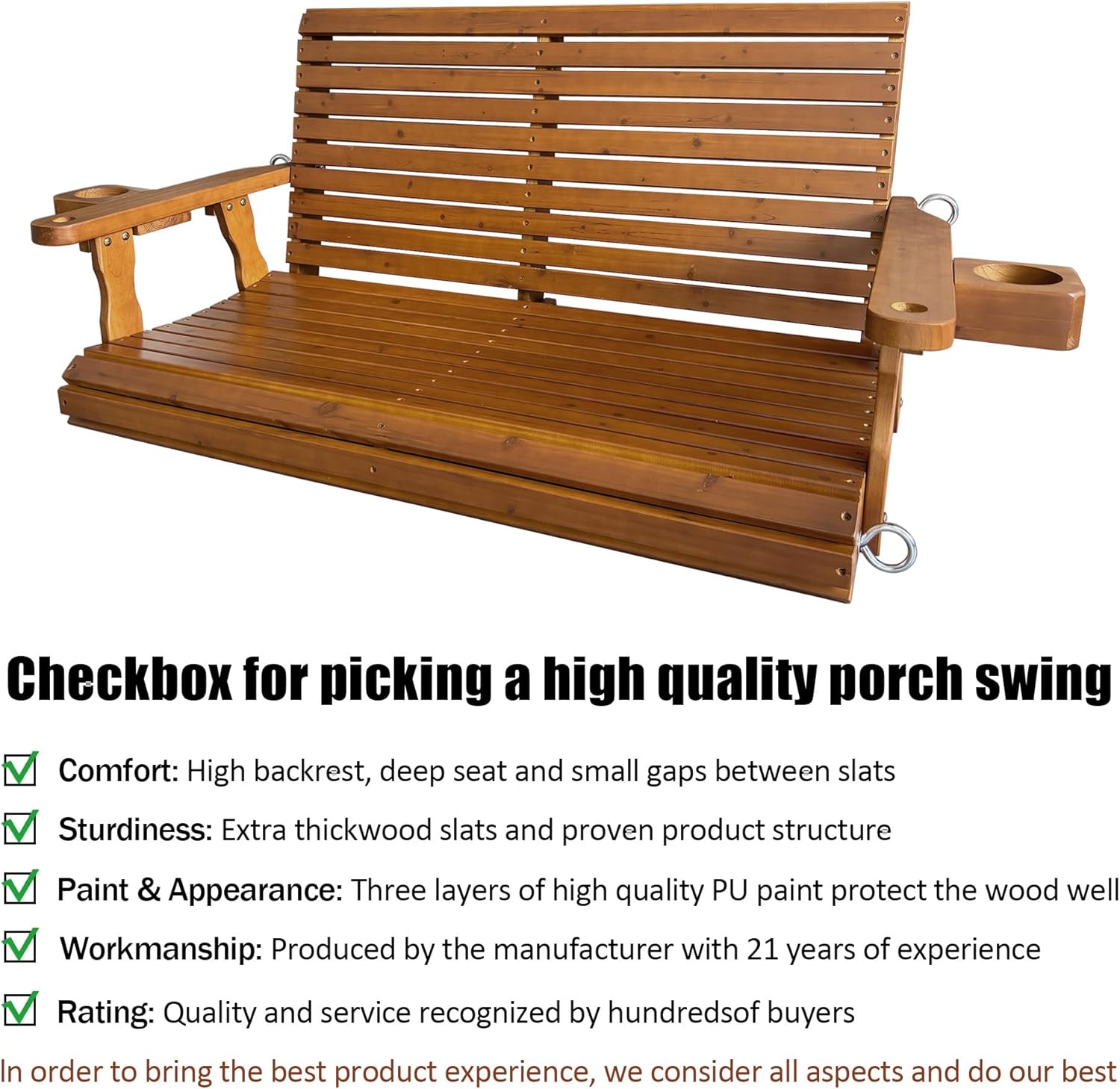 Wooden Porch Swing 2-Seater, High Backrest and Deep Seat, Bench Swing with Cupholders, Hanging Chains and 7mm Springs, Heavy Duty 880 LBS, for Outdoor Patio Garden (Cedar Tone - 4 FT Extra Large)-VerdiqueGarden