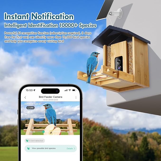 Bird Feeder, 5MP Solar-Powered Smart Bird Feeder with Camera, AI Identifies Birds 10000+, 2.4GHz, Color Night Vision, Instant Notification, Easy to Use, 1.5L Birds Feeders for Outdoor, Yard-VerdiqueGarden