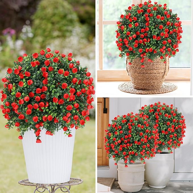Artificial Red Rose Topiary Ball Tree 25" with Ground Spike, Set of 2 Artificial Boxwood Bushes for Faux Shrubs, Fake Evergreen Faux Plant for Indoor Outdoor Porch Garden -UV Resistant–Fade-Proof-VerdiqueGarden