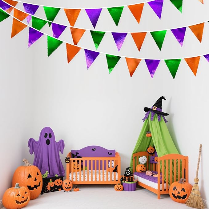 Halloween Party Decorations Metallic Fabric Green Orange Purple Triangle Pennant Banner Flag Bunting for Trick or Treat Spooky Hey Boo Happy Halloween Holiday Birthday Baby Shower Party Supplies-VerdiqueGarden