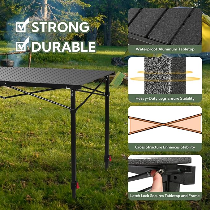 Portable Outdoor Adjustable Height Camping Table, Large for 2-6 Person, Foldable Roll-up Aluminum Camp Table with Carry Bag for Picnic, Camp, Sturdy, Stable, Loads 220 Lbs (Black)-VerdiqueGarden