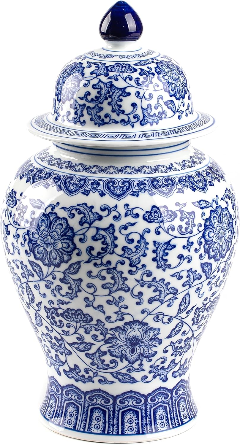 Blue and White Ginger Jar, Ceramic Chinoiserie Decorative Jars for Home, Office, Flower Vase Pocelain, Glossy Vase for Table, Living Room, Bookshelf, Mantle Fireplace, Centerpieces,15" H-VerdiqueGarden