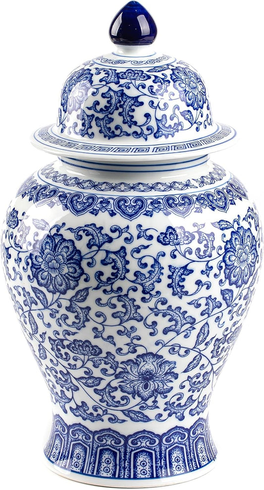 Blue and White Ginger Jar, Ceramic Chinoiserie Decorative Jars for Home, Office, Flower Vase Pocelain, Glossy Vase for Table, Living Room, Bookshelf, Mantle Fireplace, Centerpieces,15" H-VerdiqueGarden