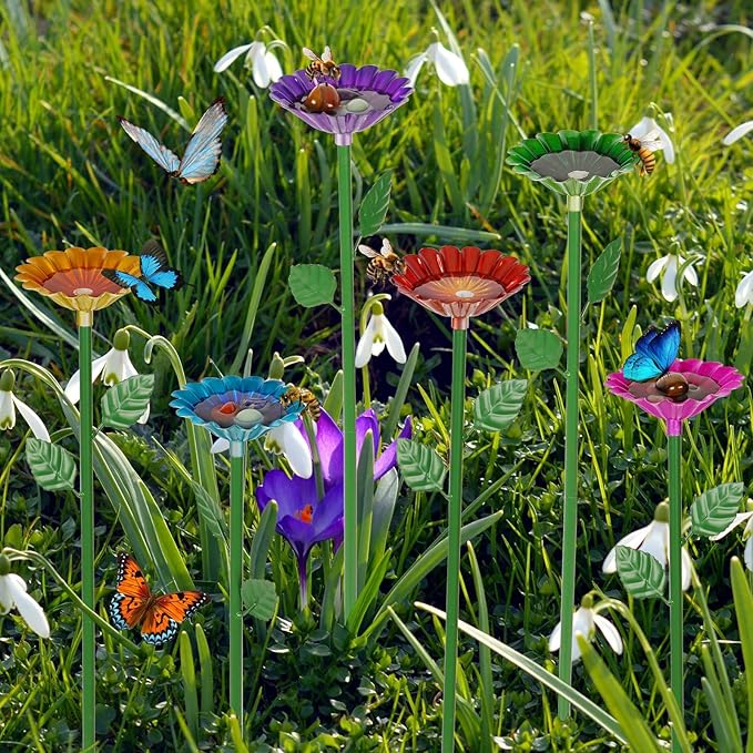 6 Pack Bee Watering Station, Bee Bath for Garden Metal Bee Water Feeder with Flower Design, Colorful Butterfly Bee Bath Bowl for Outdoor Garden Yard Decor-VerdiqueGarden