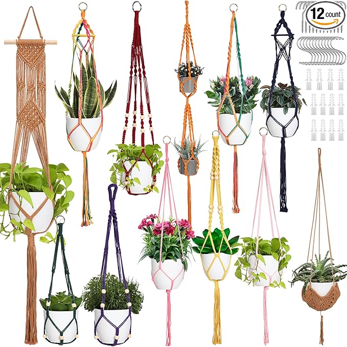 Hoteam 12 Pcs Macrame Plant Hangers Macrame Hanging Planters for Indoor Plants Handmade Boho Hanging Baskets Flower Pots Holder for Outdoor Home Wall Decor-VerdiqueGarden