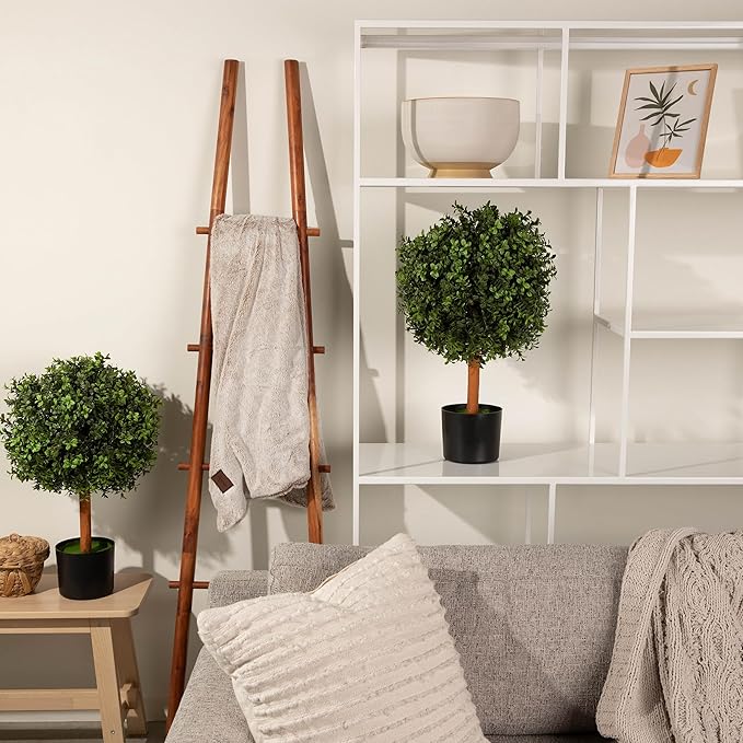 Premium 14" Diameter Artificial Boxwood Topiary – Set of 2 Faux Plants in Black Decorative Planters – UV-Resistant, Weatherproof, Realistic Outdoor & Indoor Greenery Accent-VerdiqueGarden