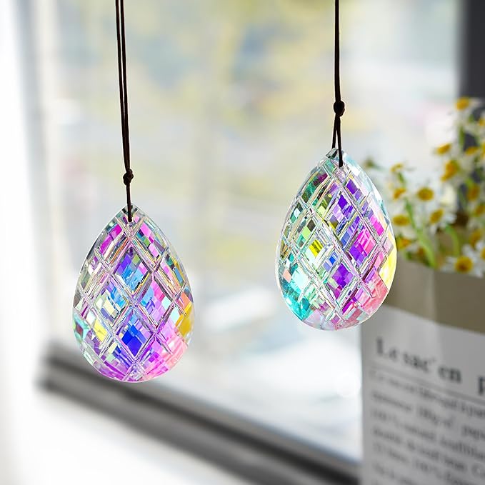 HDCRYSTALGIFTS Set 2 Crystal Sun Catcher Prisms Pendant for Window Hanging Decor,3inch AB Colored Crystal Suncatchers Rainbow Maker Light Catcher for Home Indoor Garden Ornament-VerdiqueGarden