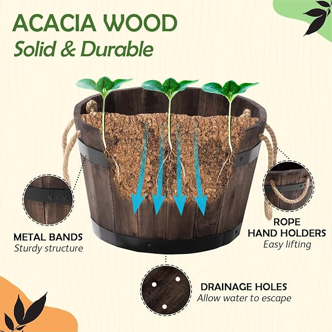 IDZO Set of 3 Wooden Flower Boxes Outdoor, Durable Acacia Wood Barrel Planters for Outdoor Plants with Ergonomic Handles, Drainage Holes, Multiple Sizes Wood Bucket Planter for Home Décor-VerdiqueGarden