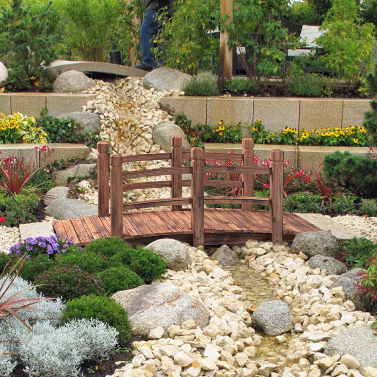 Giantex 5 FT Wooden Garden Bridge, Stained Wood Arc Footbridge with Railings, 400 lbs Capacity, Decorative Pond Bridge for Outdoor Garden Yard Backyard Creek Farm (Brown)-VerdiqueGarden