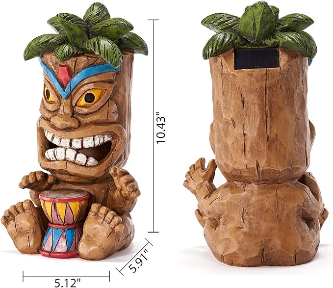 Outdoor Tiki Statue Decoration-Solar Power Light Tiki Garden Statues-Tiki Bar Decor Totem Pole Waterproof Figurines for Garden,Patio,Balcony,Yard,Lawn Ornament,10.43 Inch Tall-VerdiqueGarden