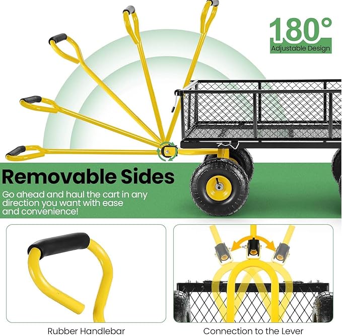 Homdox MAX 880 Lbs Garden Cart, Heavy Duty Foldable Mesh Steel Garden Wagon with 180° Rotating Handle and 10 Inch Tires, Pullable Yard Cart for Yard Garden Beach Farm, Yellow with Bag-VerdiqueGarden