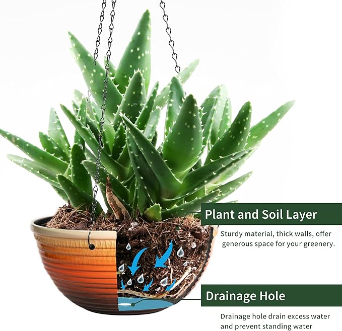 12 inch Hanging Planters for Indoor Outdoor Plants, 2 Pack Large Hanging Flower Pots with Drainage Holes and Chain, Glazed Hanging Baskets for Home Garden Decoration, Orange-VerdiqueGarden