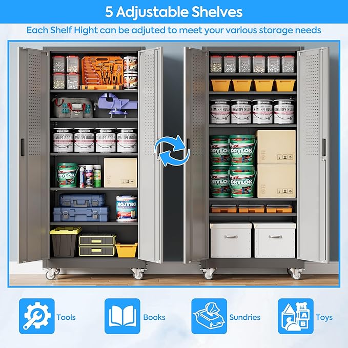 71" H×32" W×16" D Garage Storage Cabinet with Wheels & Pegboard, Locking Metal Storage Cabinet with Doors and 5 Adjustable Shelves & & 4 Hooks for Garage Warehouse Home Office, Black and Gray-VerdiqueGarden
