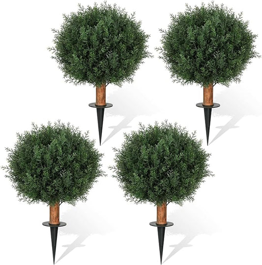 Artificial Cedar Topiary Ball Trees with Ground Spike, 24.6 inche Tall UV-Resistant Fake Outdoor Plants Evergreen Shrubs, Realistic Faux Pine Bushes for Front Porch Home Patio Garden, Set of 4-VerdiqueGarden