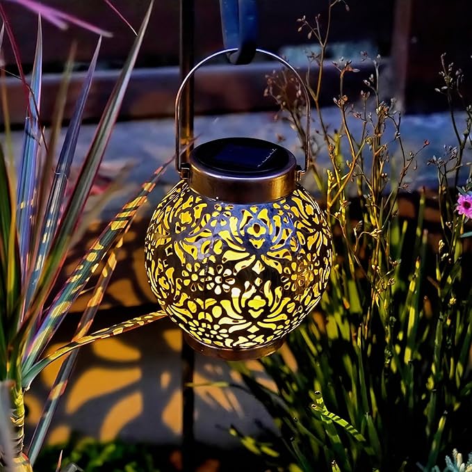 2 Pack Outdoor Solar Hanging Lantern Light LED Decorative Christmas Light for Garden Patio Courtyard Lawn and Tabletop with Hollowed-Out Design. Unique Gardening Gifts for Women.-VerdiqueGarden