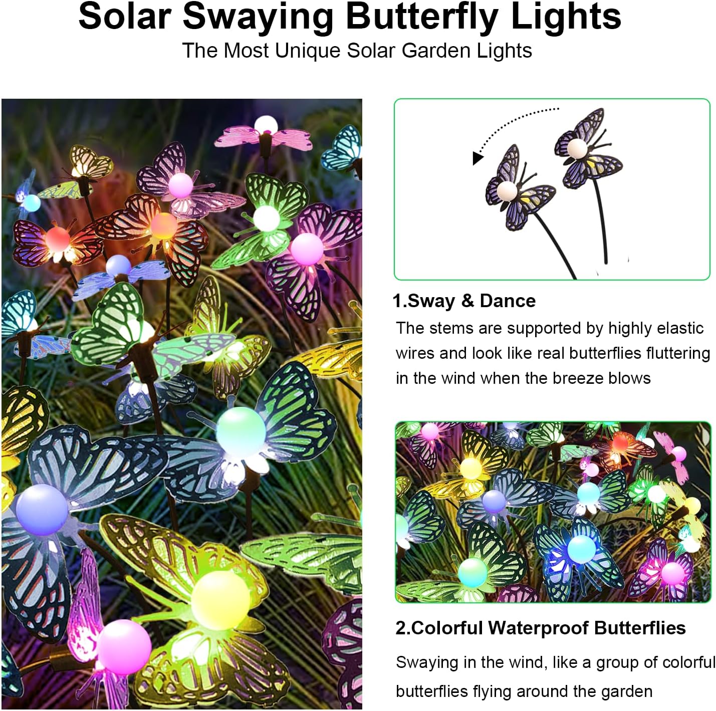 Solar Garden Butterfly Lights, 6 Pack 48 LED Solar Swaying Lights, 7 Color Changing Waterproof Firefly Light Outdoor Fairy Light for Garden Patio Yard Pathway Flower Bed Decoration-VerdiqueGarden