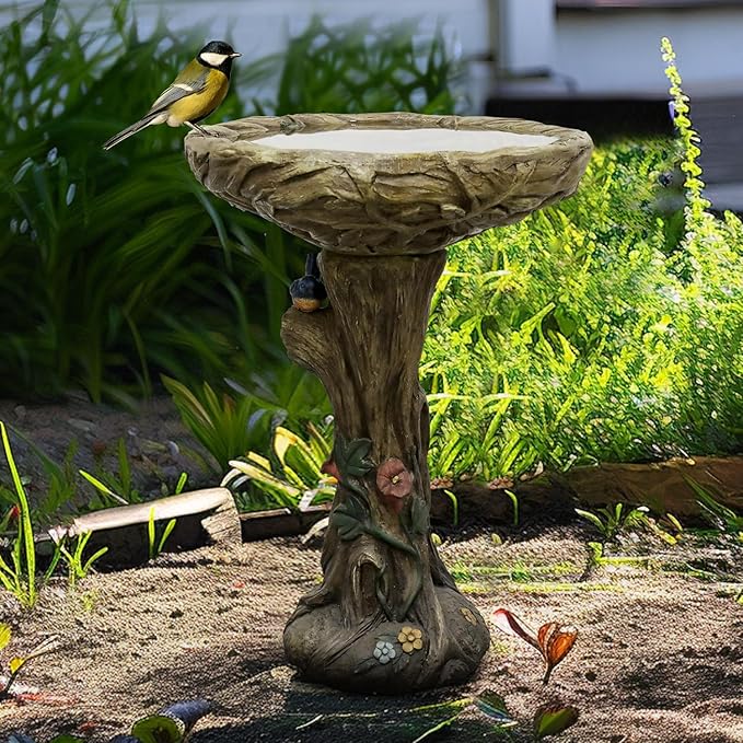 SKYFIRE 25.5” H Concrete Birdbaths for Outdoors -Large Woodland Tree Trunk Yard Statue Decoration，Vintage Birdbath with Bird Figurines Yard Statue for Garden, Patio, Lawn, Backyard-VerdiqueGarden