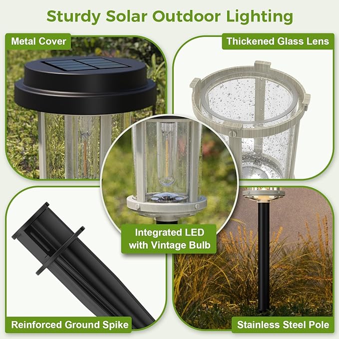 XMCOSY+ Solar Pathway Lights, 20 LM Bright Solar Light Outdoor, Waterproof Seed Glass & Metal Solar Powered Garden Lights, Outside Solar Lights for Yard Lawn Landscape Walkway(Black & Grey)-VerdiqueGarden