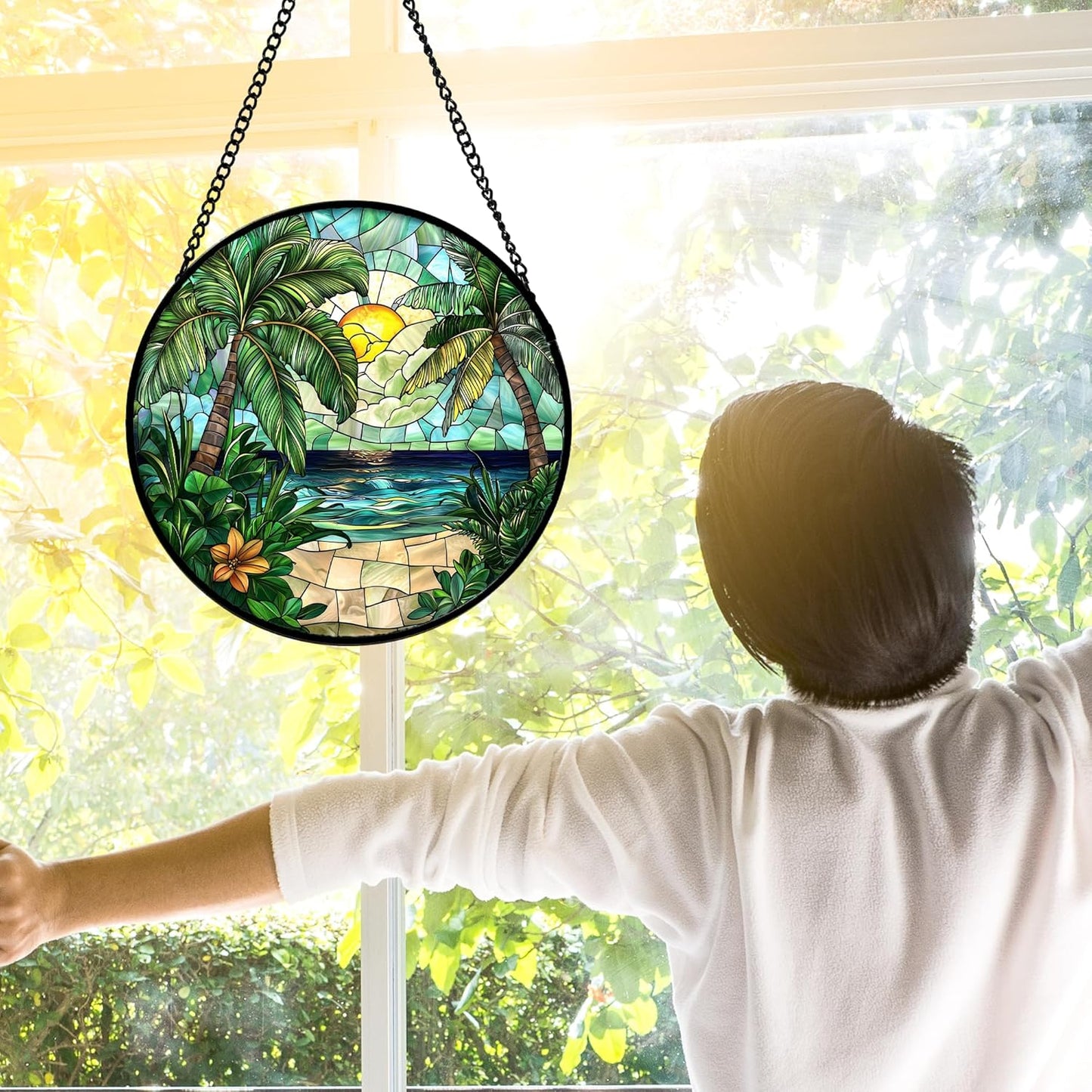 Stained Glass Window Hanging, Green Beach Scenery Suncatcher Diamond Glass Panel Hangings Sun Catchers Decor for Birthday for Women, Men, Wife, Aunt, and Mom 6.3 in-VerdiqueGarden