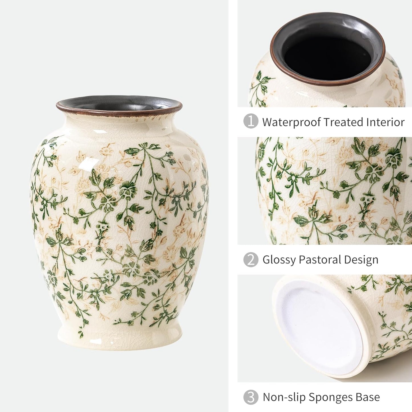 Vintage Green and Beige Vase, Round Ceramic Floral Vases, Retro Ice Cracked Chinoiserie Vase for Home Decor, Living Room, Bookshelf, Office, Grand Millennial Decor, Rustic Table Centerpiece 8 Inch-VerdiqueGarden