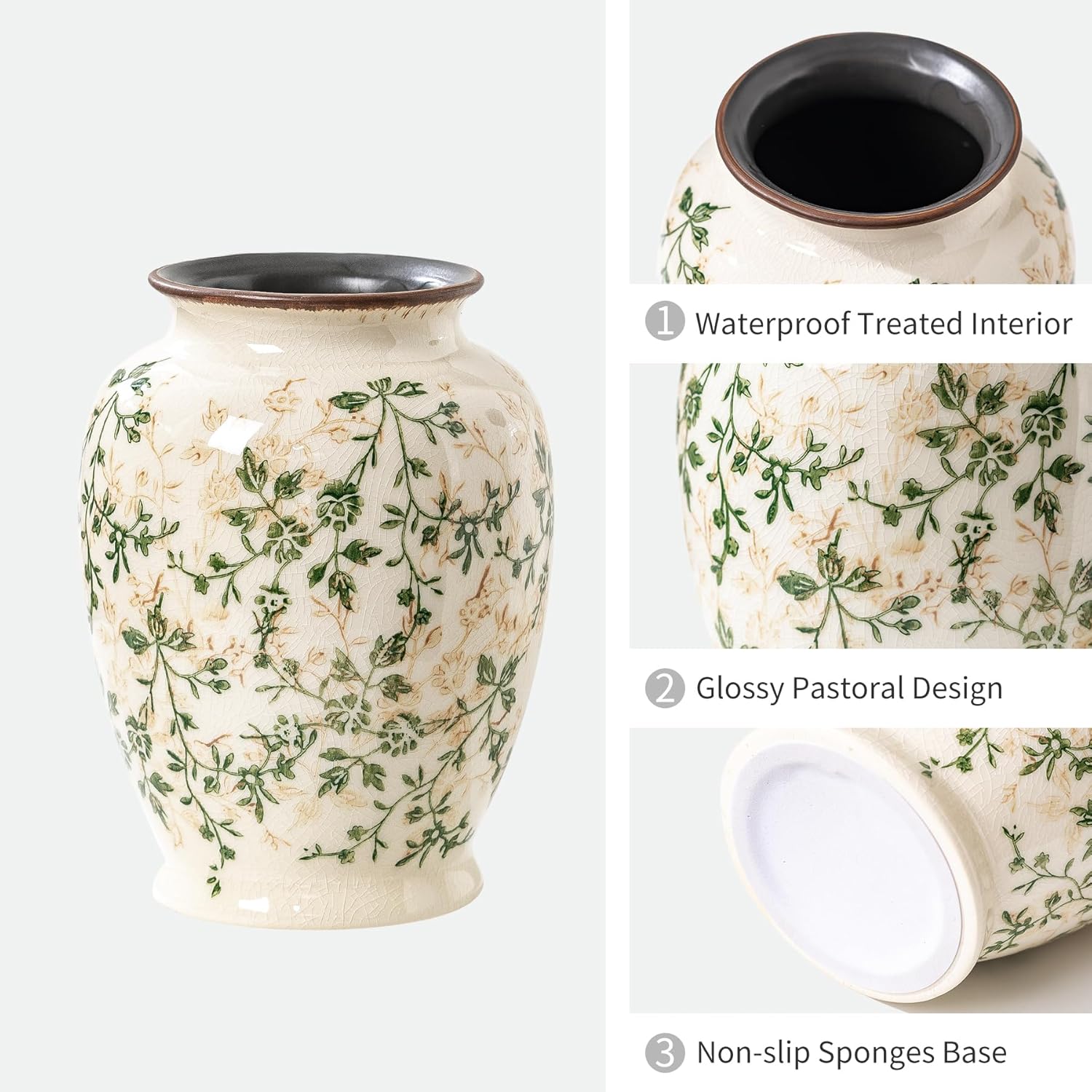 Vintage Green and Beige Vase, Round Ceramic Floral Vases, Retro Ice Cracked Chinoiserie Vase for Home Decor, Living Room, Bookshelf, Office, Grand Millennial Decor, Rustic Table Centerpiece 8 Inch-VerdiqueGarden