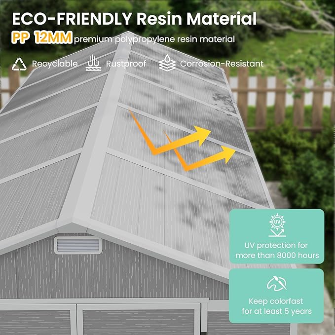 UDPATIO Outdoor Storage Shed 7.5x10.7 FT, Grey & White Resin & Steel Shed with Lockable Door for Backyard, Patio, Lawn-VerdiqueGarden