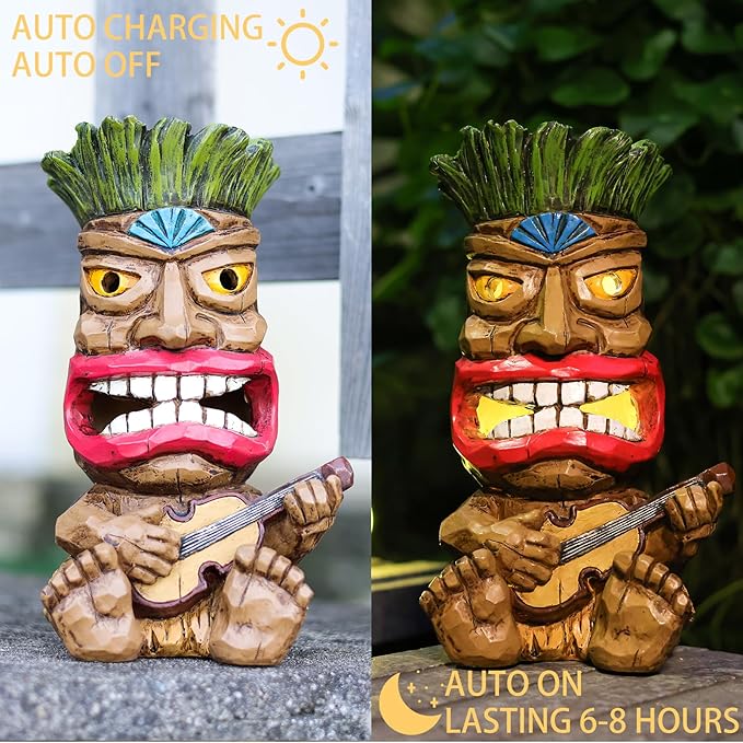 Solar Tiki Statue Outdoor Decor-Garden Guitar Tiki Statues-Tiki Bar Decorations for Outdoor Patio Yard Lawn Balcony Bar Party,Waterproof Garden Sculpture 10.35 Inch Tall-VerdiqueGarden