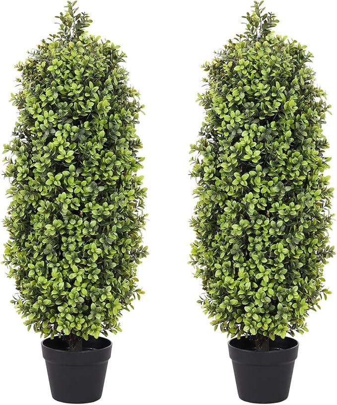3ft Artificial Boxwood Topiary Trees (Set of 2) - UV Resistant Faux Plants for Outdoor/Indoor, Realistic 36in Fake Bushes and Shrubs for Front Porch, Planter, Patio - Low Maintenance & Evergreen-VerdiqueGarden