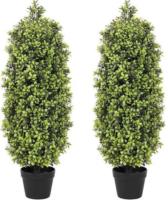3ft Artificial Boxwood Topiary Trees (Set of 2) - UV Resistant Faux Plants for Outdoor/Indoor, Realistic 36in Fake Bushes and Shrubs for Front Porch, Planter, Patio - Low Maintenance & Evergreen-VerdiqueGarden