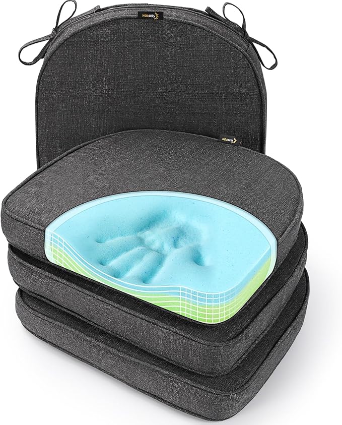 SUNROX Gel Memory Foam Chair Cushions, FadeShield Water-, Stain-Resistant Durable Reversible Seat Cushion Pads with Ties for Indoor/Outdoor Kitchen Dining Office 17"x16" Set of 4, Midnight-VerdiqueGarden