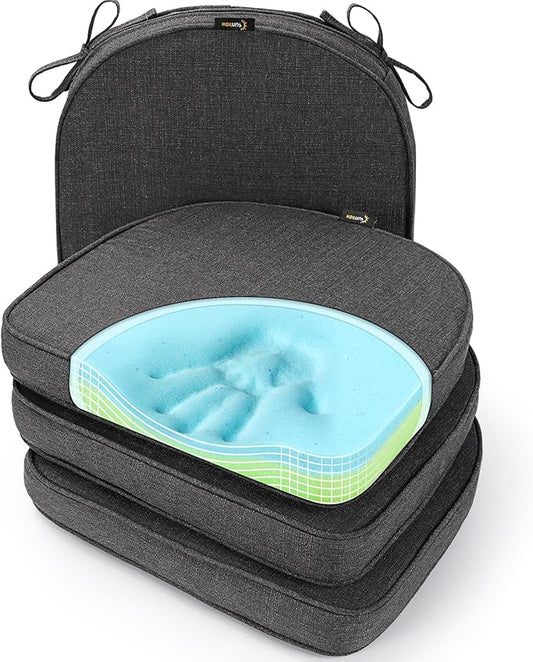 SUNROX Gel Memory Foam Chair Cushions, FadeShield Water-, Stain-Resistant Durable Reversible Seat Cushion Pads with Ties for Indoor/Outdoor Kitchen Dining Office 17"x16" Set of 4, Midnight-VerdiqueGarden