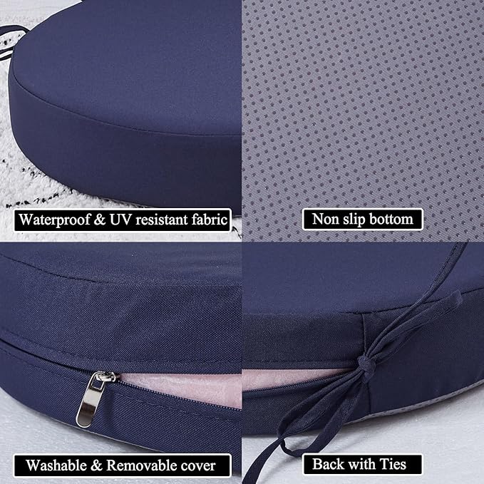 15 x 15 Inch Round Cushions for Outdoor Furniture Non-Slip Waterproof Patio Bistro Chair Cushion with Ties Bar Stool Seat Cushion for Kitchen Chairs Set of 2, Navy Blue-VerdiqueGarden