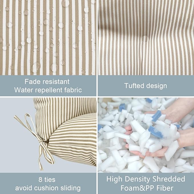 LVTXIII Outdoor Seat and Back Chair Cushion Patio Tufted High Back Cushion with Ties, Seasonal Replacement Rocking Chair Cushion for Home Office Garden Use, 44” L x 22” W, Set of 2, Stripe Beige-VerdiqueGarden