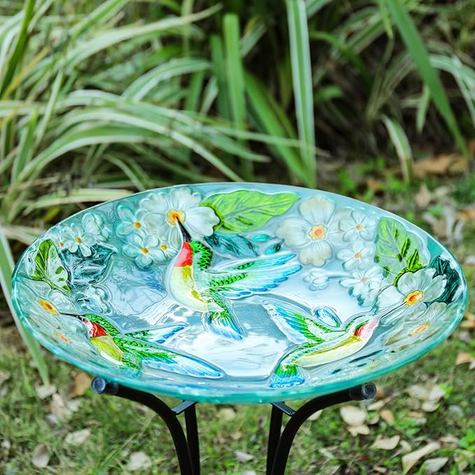 VCUTEKA 18" Outdoor Glass Birdbath with Sturdy Metal Stand for Lawn, Yard, or Garden Decor Bird Lovers Gift, Hummingbird Bird Bath Detachable, 22" Height-VerdiqueGarden