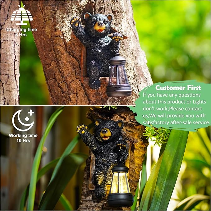 Black Bear Decor with Solar Lantern Tree Hugger - 7 Inch Bear Statue Outdoor Garden Yard Decor,Best Bear Garden Gifts for Mom,Women-VerdiqueGarden