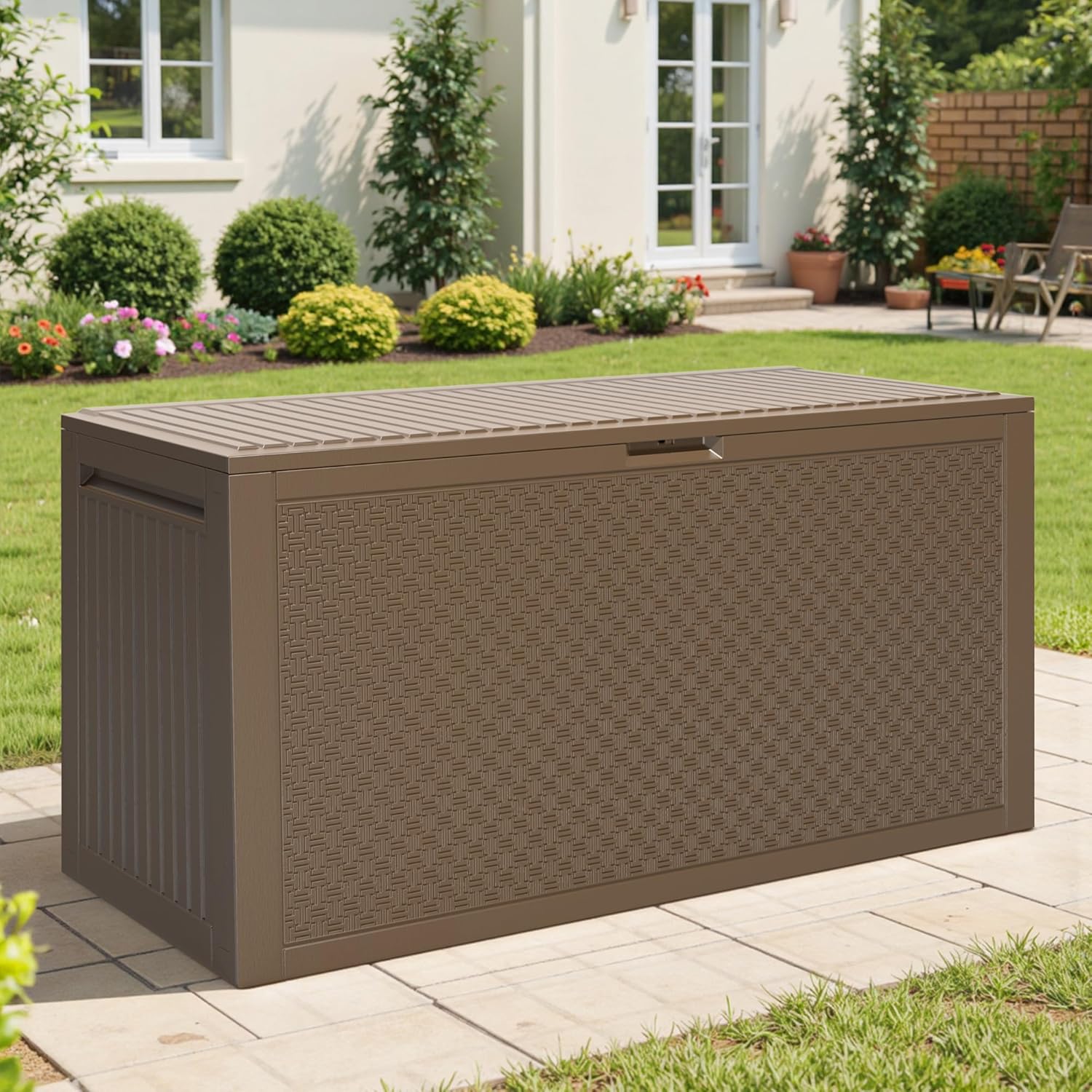 90 Gallon Outdoor Deck Box, Waterproof Outdoor Storage Box, Durable Resin Bin for Patio Cushions, Garden Tools and Pool Accessories, Lockable with UV Protection, Brown, Patio Furniture-VerdiqueGarden