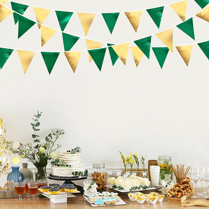 Green Gold Party Decorations Metallic Fabric Triangle Pennant Banner Flag Bunting Garland for Graduations Birthday Retirement Wedding Baby Shower Spring Summer Master Golf Theme Outdoor Party Supplies-VerdiqueGarden